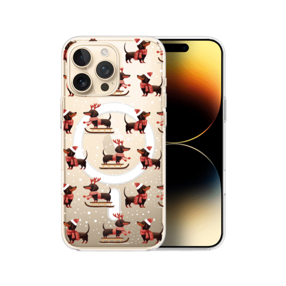 Etui do iPhone 14 Pro z MagSafe, Przytulne święta, Jamniki na saniach, przeźroczyste7