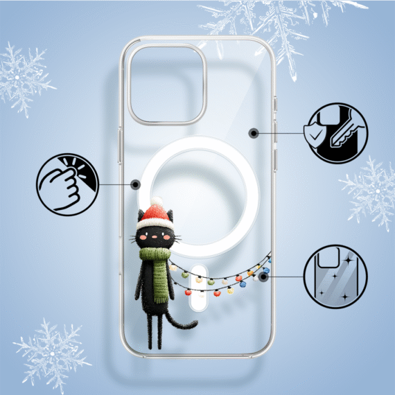 Etui do iPhone 14 Pro z MagSafe, Przytulne święta, Kot przebrany za elfa, przeźroczyste1
