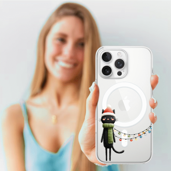 Etui do iPhone 14 Pro z MagSafe, Przytulne święta, Kot przebrany za elfa, przeźroczyste4