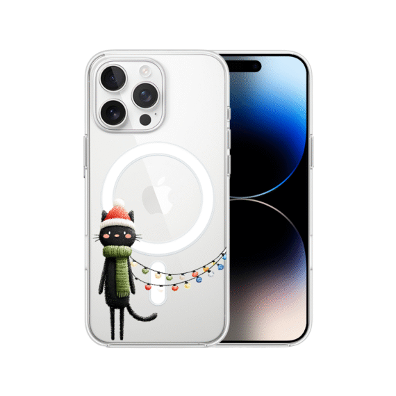 Etui do iPhone 14 Pro z MagSafe, Przytulne święta, Kot przebrany za elfa, przeźroczyste7