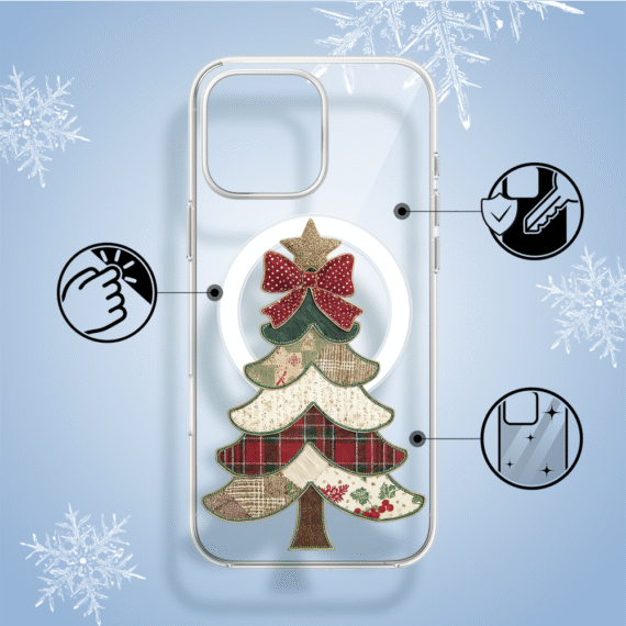 Etui do iPhone 14 Pro z MagSafe, Przytulne święta, Kraciasta choinka, przeźroczyste1