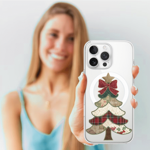 Etui do iPhone 14 Pro z MagSafe, Przytulne święta, Kraciasta choinka, przeźroczyste4