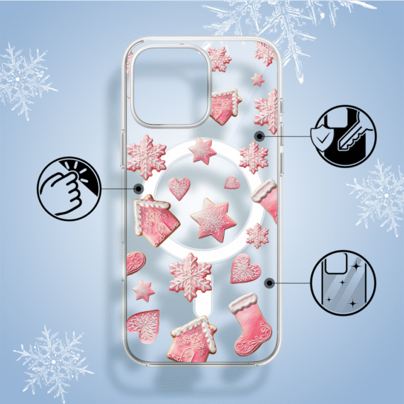 Etui do iPhone 14 Pro z MagSafe, Przytulne święta, Różowe pierniczki, przeźroczyste1