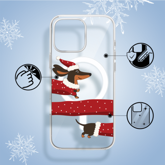 Etui do iPhone 14 Pro z MagSafe, Przytulne święta, Świąteczny jamnik, przeźroczyste1