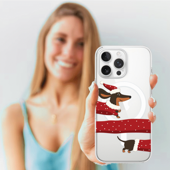 Etui do iPhone 14 Pro z MagSafe, Przytulne święta, Świąteczny jamnik, przeźroczyste4