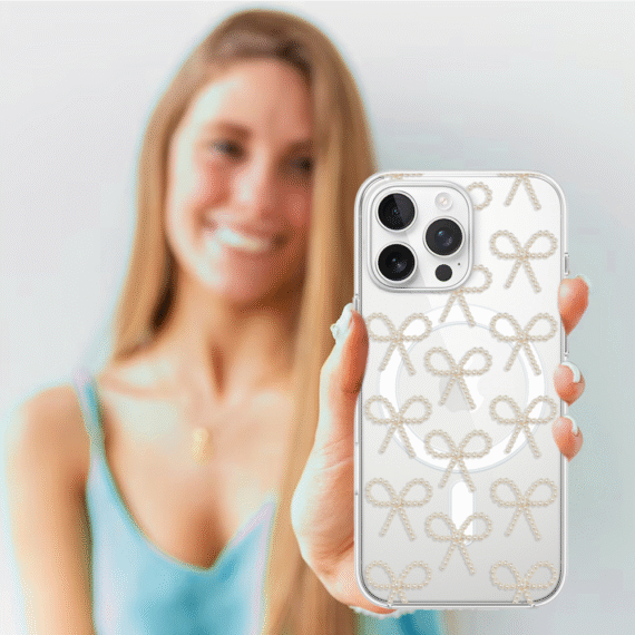 Etui do iPhone 14 Pro z MagSafe, Przytulne święta, Złote kokardki, przeźroczyste4