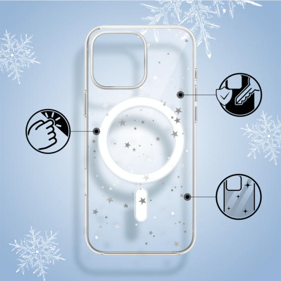 Etui do iPhone 14 Pro z MagSafe, Zimowa Magia, Szampańskie gwiazdki, przeźroczyste1