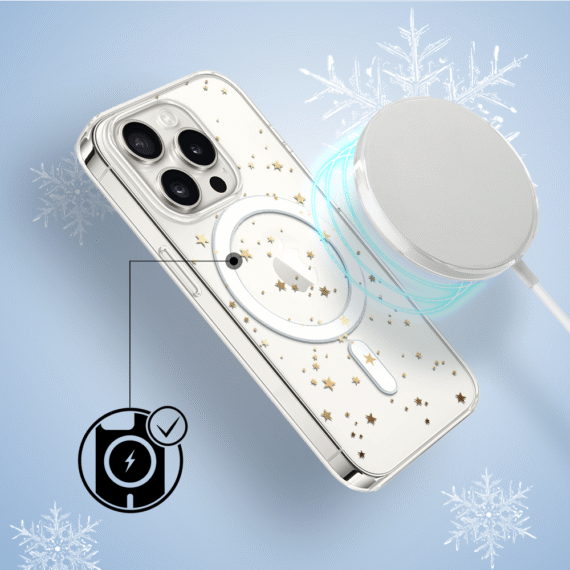 Etui do iPhone 14 Pro z MagSafe, Zimowa Magia, Złote gwiazdki, przeźroczyste3