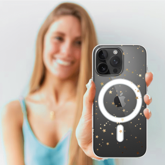 Etui do iPhone 14 Pro z MagSafe, Zimowa Magia, Złote gwiazdki, przeźroczyste4