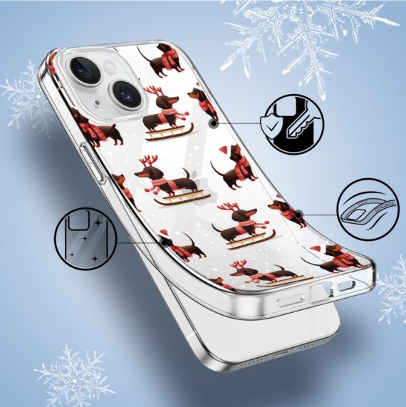 Etui do iPhone 14, Przytulne święta, Jamniki na saniach, przeźroczyste1