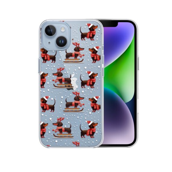 Etui do iPhone 14, Przytulne święta, Jamniki na saniach, przeźroczyste2