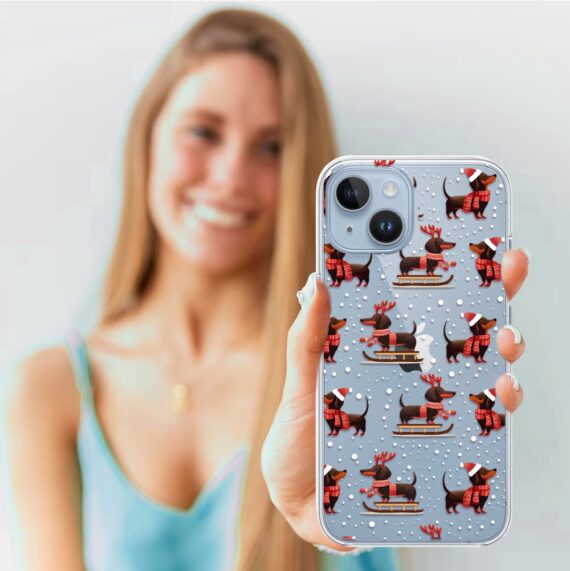 Etui do iPhone 14, Przytulne święta, Jamniki na saniach, przeźroczyste3