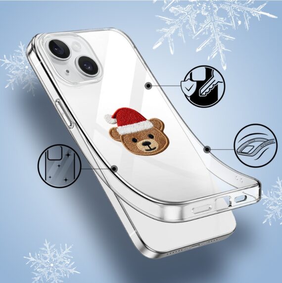 Etui do iPhone 14, Przytulne święta, Miś Mikołajek, przeźroczyste1