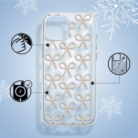 Etui do iPhone 14, Przytulne święta, Złote kokardki, przeźroczyste2