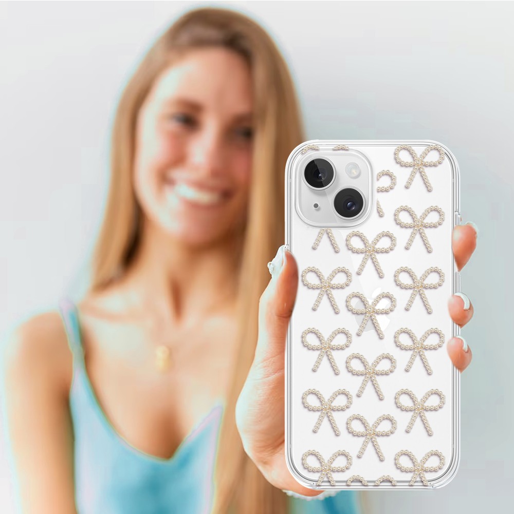 Etui do iPhone 14, Przytulne święta, Złote kokardki, przeźroczyste4