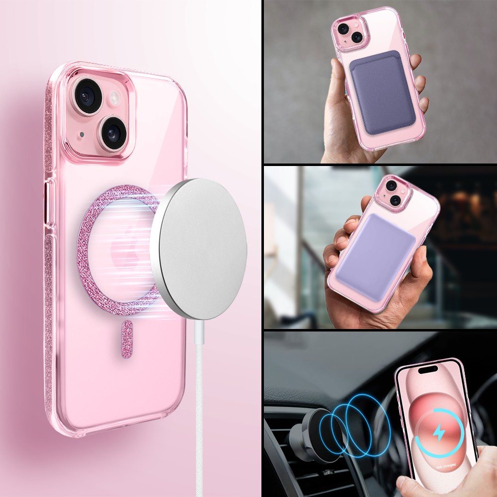 Etui do iPhone 15 Glitter Shine, przeźroczyste, brokatowe z MagSafe, różowe (1)