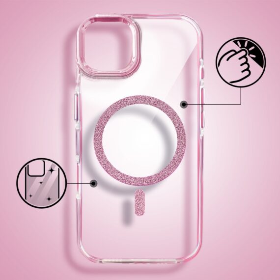 Etui do iPhone 15 Glitter Shine, przeźroczyste, brokatowe z MagSafe, różowe (10)