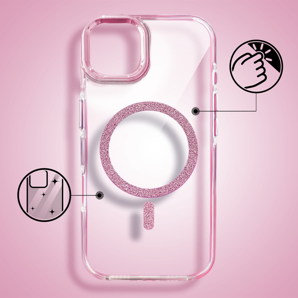 Etui do iPhone 15 Glitter Shine, przeźroczyste, brokatowe z MagSafe, różowe (10)