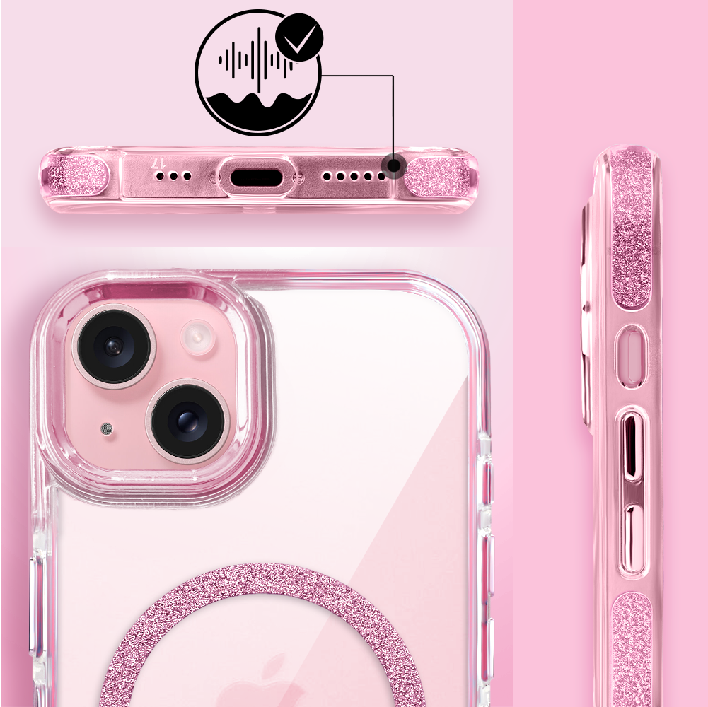 Etui do iPhone 15 Glitter Shine, przeźroczyste, brokatowe z MagSafe, różowe (4)