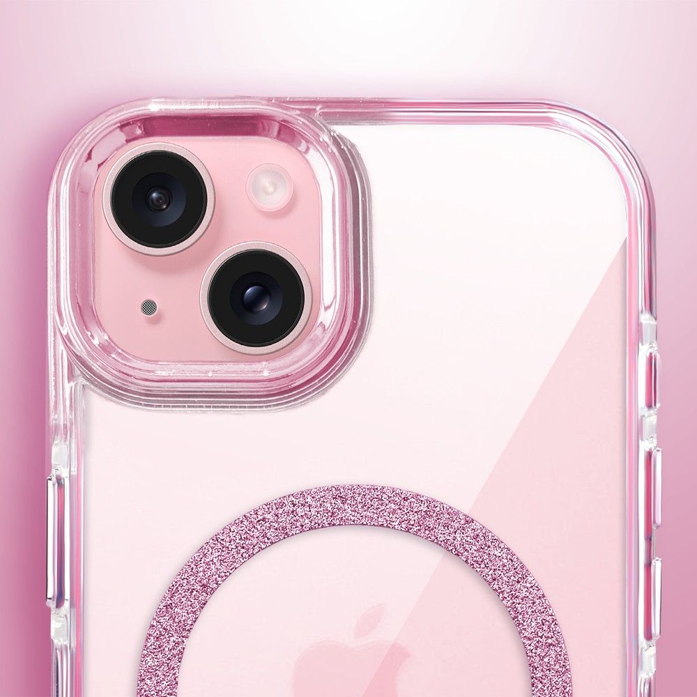Etui do iPhone 15 Glitter Shine, przeźroczyste, brokatowe z MagSafe, różowe (5)