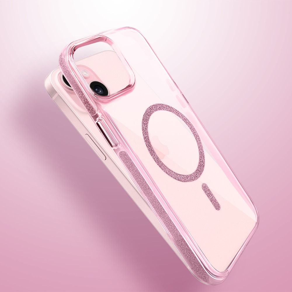 Etui do iPhone 15 Glitter Shine, przeźroczyste, brokatowe z MagSafe, różowe (6)