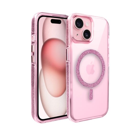 Etui do iPhone 15 Glitter Shine, przeźroczyste, brokatowe z MagSafe, różowe (8)