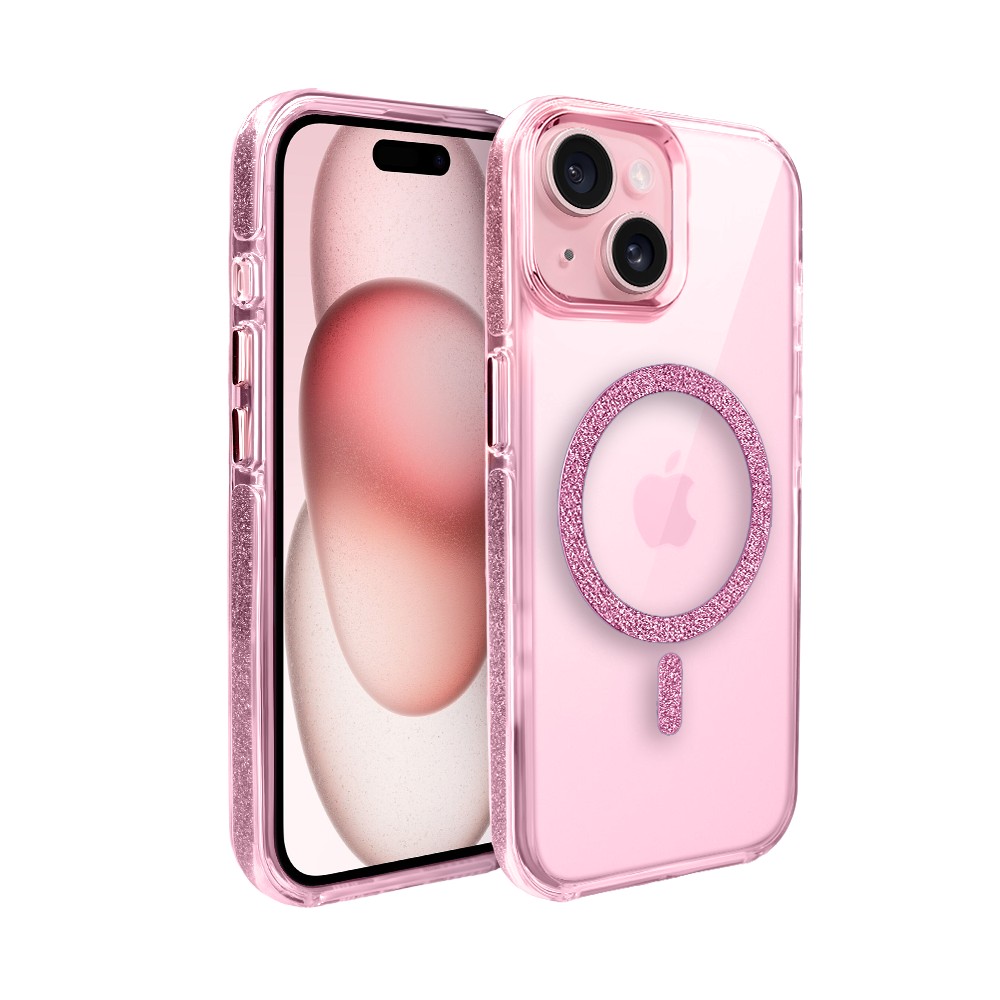Etui do iPhone 15 Glitter Shine, przeźroczyste, brokatowe z MagSafe, różowe