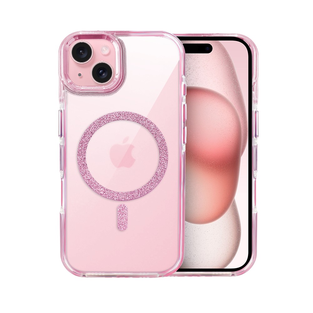 Etui do iPhone 15 Glitter Shine, przeźroczyste, brokatowe z MagSafe, różowe (9)