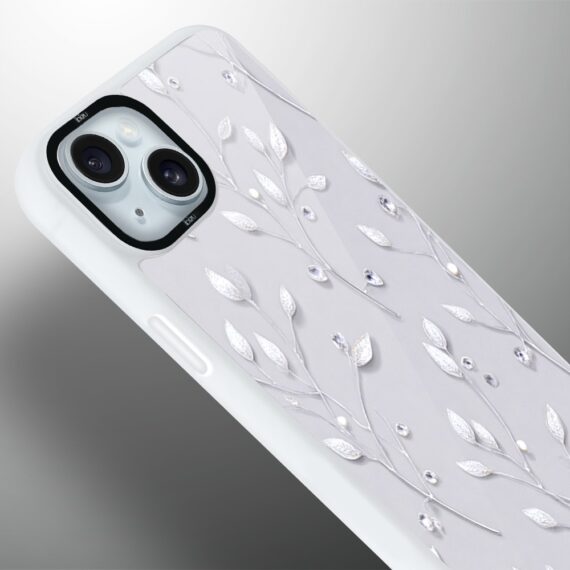 Etui do iPhone 15 IBIZU DropGuard Matt z MagSafe, Zimowa magia, Lodowe kwiaty, biała ramka (1)