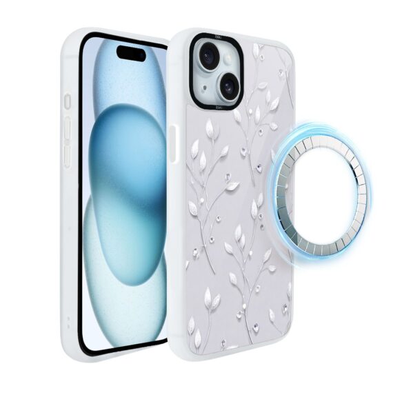 Etui do iPhone 15 IBIZU DropGuard Matt z MagSafe, Zimowa magia, Lodowe kwiaty, biała ramka (5)