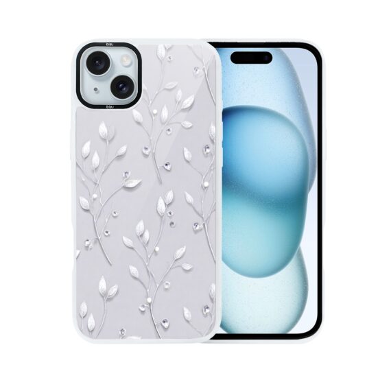 Etui do iPhone 15 IBIZU DropGuard Matt z MagSafe, Zimowa magia, Lodowe kwiaty, biała ramka (7)