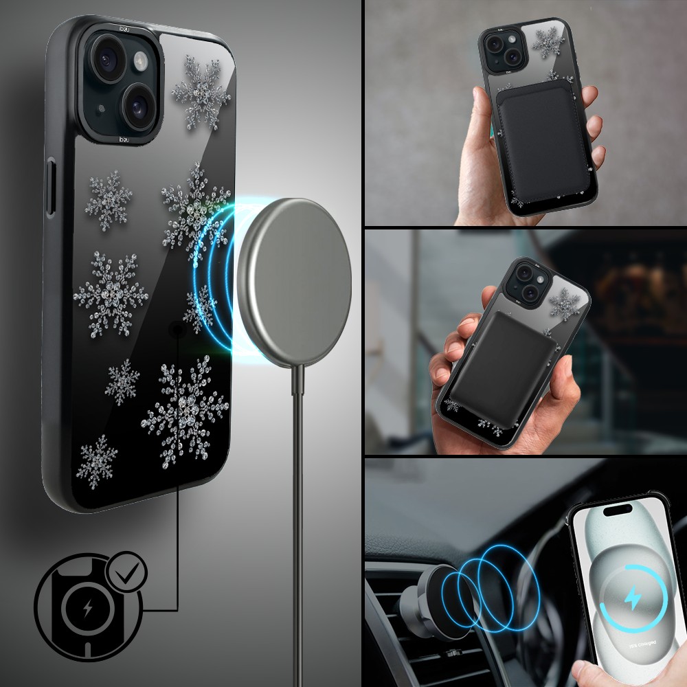 Etui do iPhone 15 Plus IBIZU DropGuard Matt z MagSafe, Zimowa magia, Płatki śniegu na czarnym lustrze ip 15-1