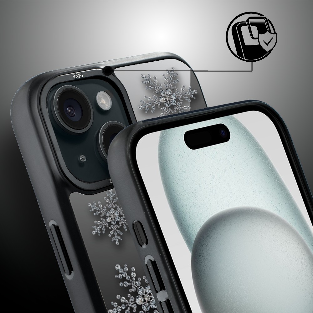 Etui do iPhone 15 Plus IBIZU DropGuard Matt z MagSafe, Zimowa magia, Płatki śniegu na czarnym lustrze ip 15-3