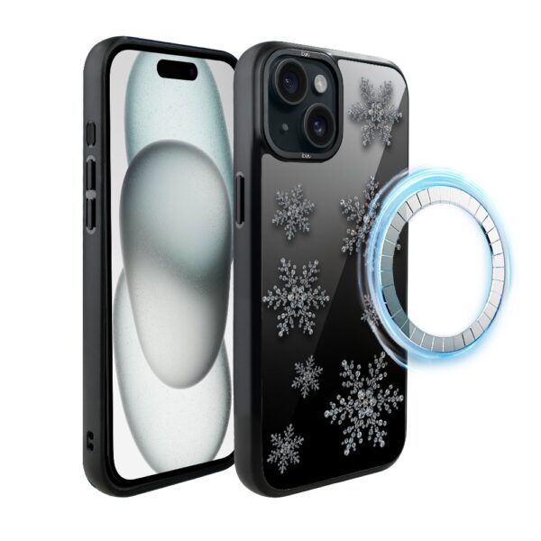 Etui do iPhone 15 IBIZU DropGuard Matt z MagSafe, Zimowa magia, Płatki śniegu na czarnym lustrze