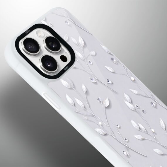 Etui do iPhone 15 Pro Max IBIZU DropGuard Matt z MagSafe, Zimowa magia, Lodowe kwiaty, biała ramka (1)