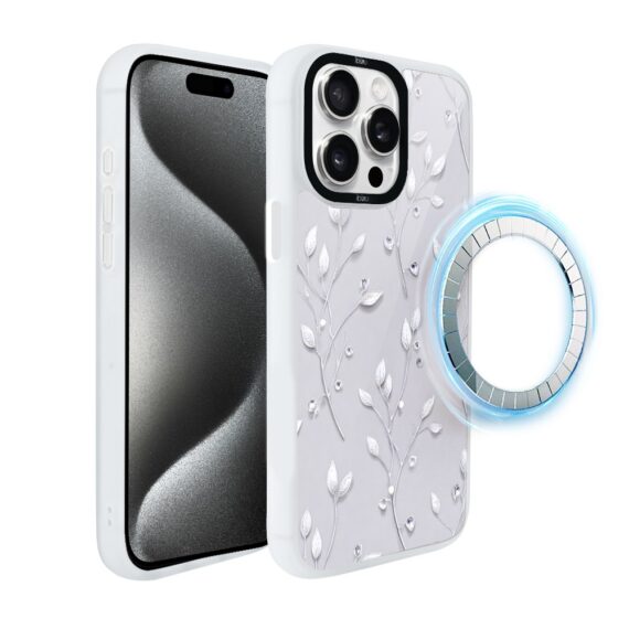 Etui do iPhone 15 Pro Max IBIZU DropGuard Matt z MagSafe, Zimowa magia, Lodowe kwiaty, biała ramka (5)