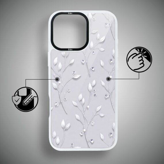 Etui do iPhone 15 Pro Max IBIZU DropGuard Matt z MagSafe, Zimowa magia, Lodowe kwiaty, biała ramka (6)