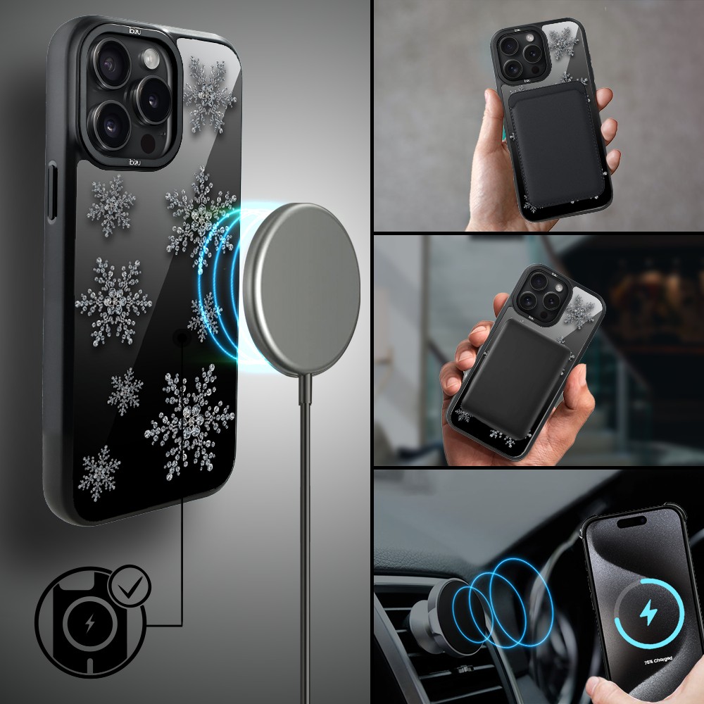 Etui do iPhone 15 Pro Max IBIZU DropGuard Matt z MagSafe, Zimowa magia, Płatki śniegu na czarnym lustrze ip 15 pro-1