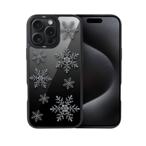 Etui do iPhone 15 Pro Max IBIZU DropGuard Matt z MagSafe, Zimowa magia, Płatki śniegu na czarnym lustrze ip 15 pro