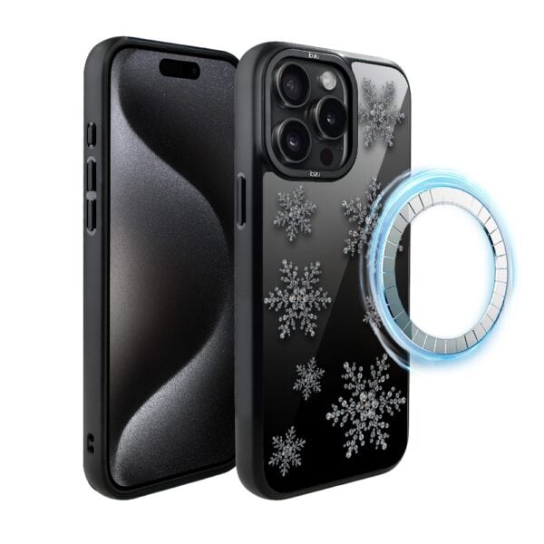 Etui do iPhone 15 Pro IBIZU DropGuard Matt z MagSafe, Zimowa magia, Płatki śniegu na czarnym lustrze
