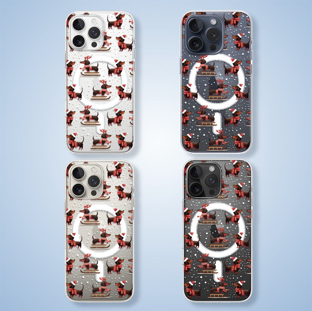 Etui do iPhone 15 Pro Max z MagSafe, Przytulne święta, Jamniki na saniach, przeźroczyste1