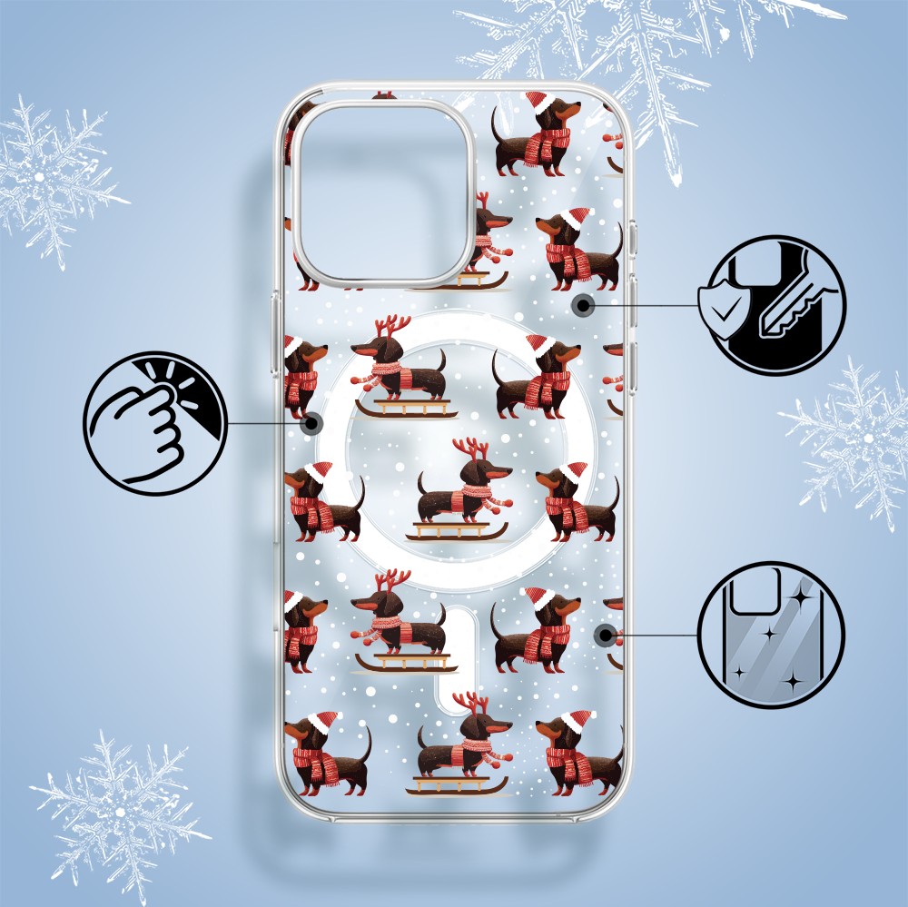 Etui do iPhone 15 Pro Max z MagSafe, Przytulne święta, Jamniki na saniach, przeźroczyste2