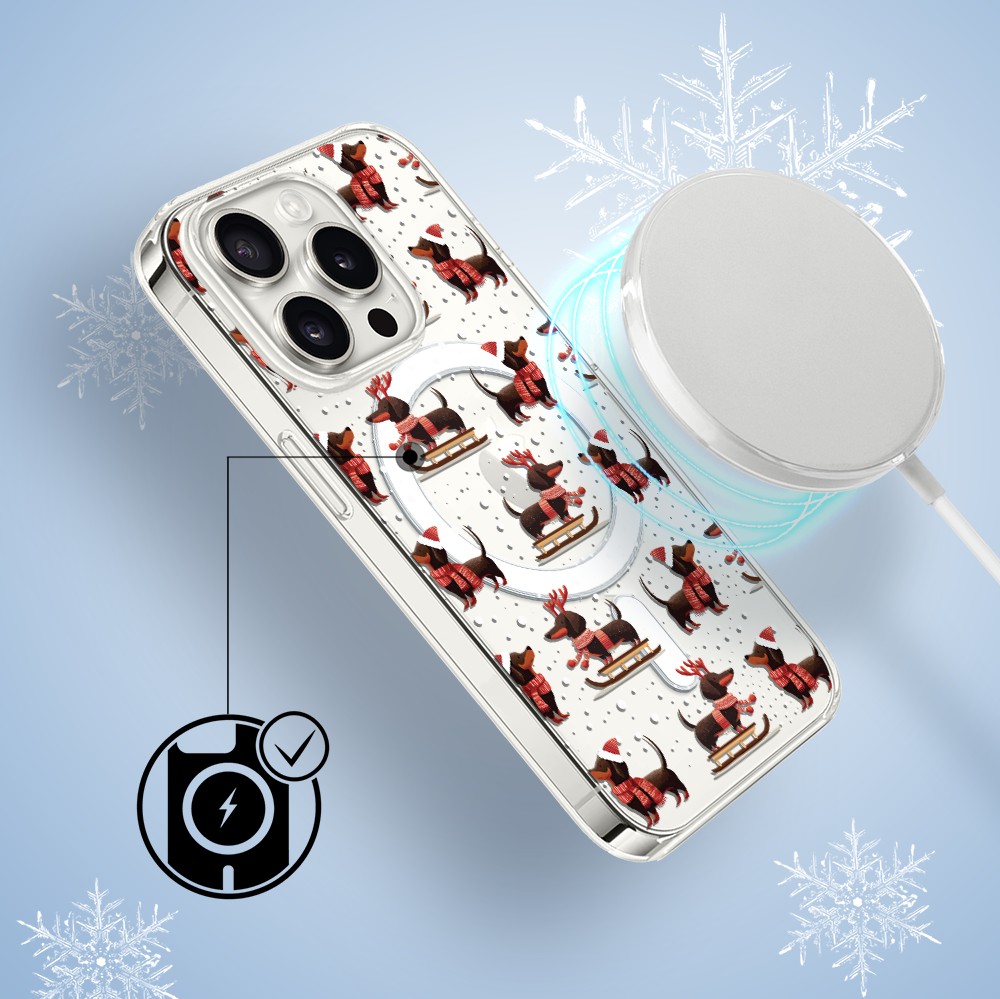 Etui do iPhone 15 Pro Max z MagSafe, Przytulne święta, Jamniki na saniach, przeźroczyste3