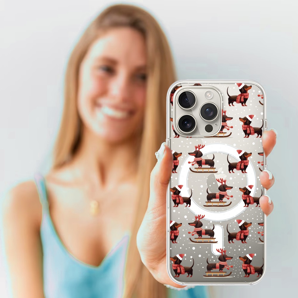 Etui do iPhone 15 Pro Max z MagSafe, Przytulne święta, Jamniki na saniach, przeźroczyste4