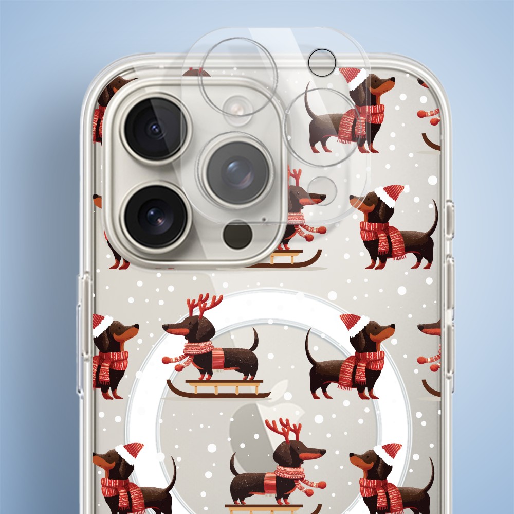Etui do iPhone 15 Pro Max z MagSafe, Przytulne święta, Jamniki na saniach, przeźroczyste5