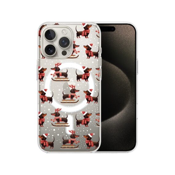 Etui do iPhone 15 Pro Max z MagSafe, Przytulne święta, Jamniki na saniach, przeźroczyste7