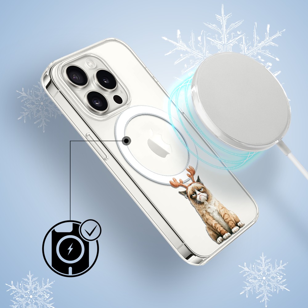 Etui do iPhone 15 Pro Max z MagSafe, Przytulne święta, Kot który nie chciał być reniferem, przeźroczyste3