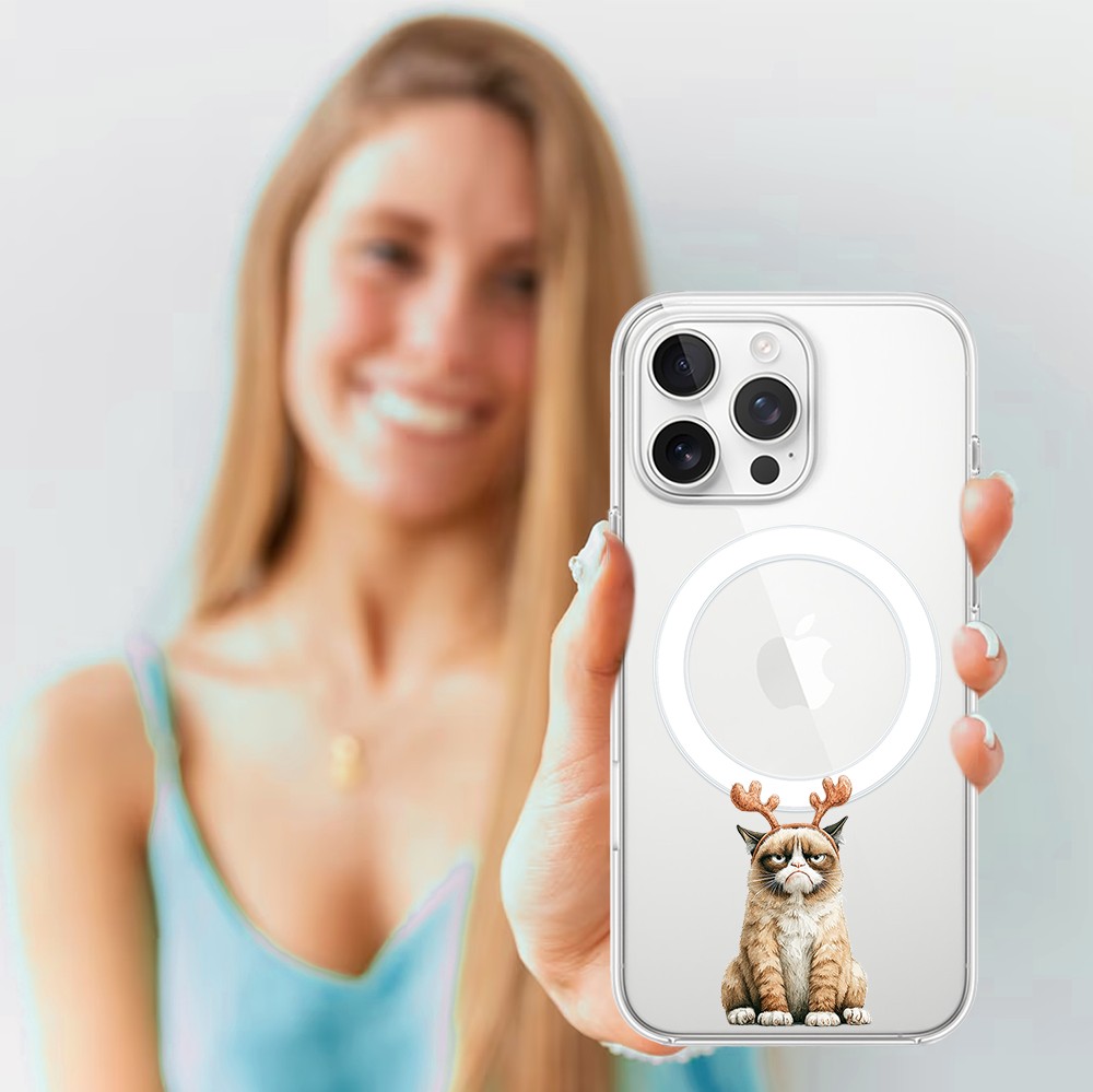 Etui do iPhone 15 Pro Max z MagSafe, Przytulne święta, Kot który nie chciał być reniferem, przeźroczyste4