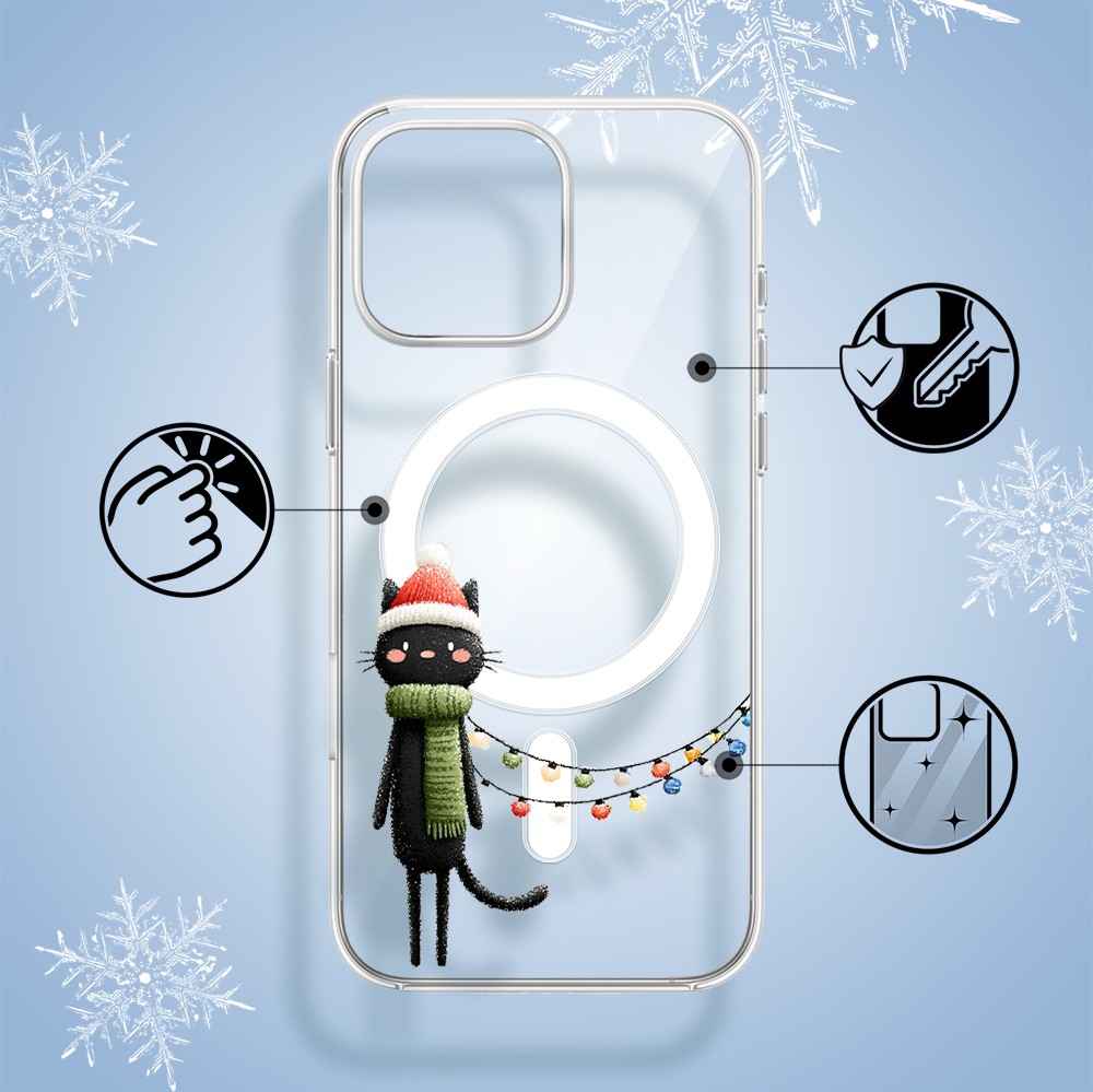 Etui do iPhone 15 Pro Max z MagSafe, Przytulne święta, Kot przebrany za elfa, przeźroczyste1