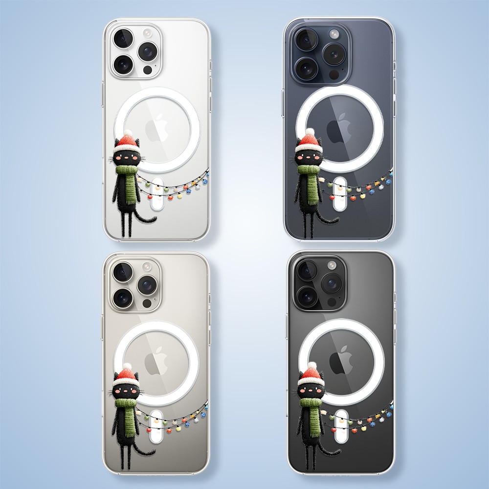 Etui do iPhone 15 Pro Max z MagSafe, Przytulne święta, Kot przebrany za elfa, przeźroczyste2